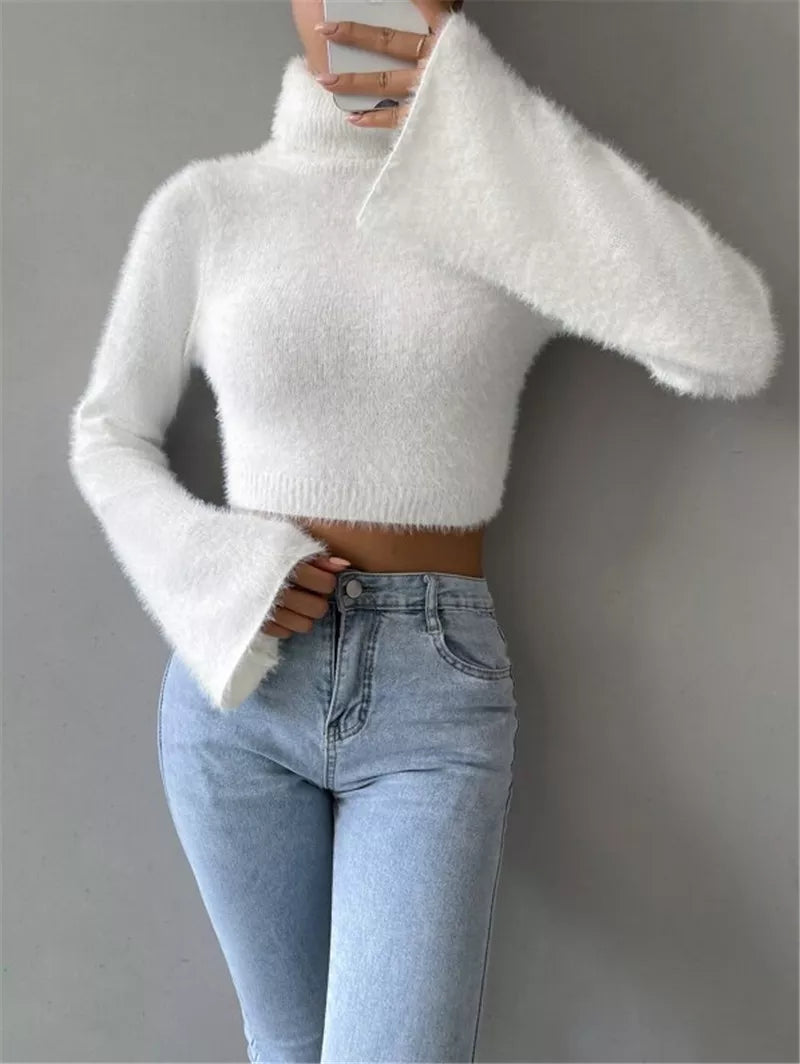Fluffy Knit Turtleneck Bell Sleeve Cropped Sweater OutfitFlow
