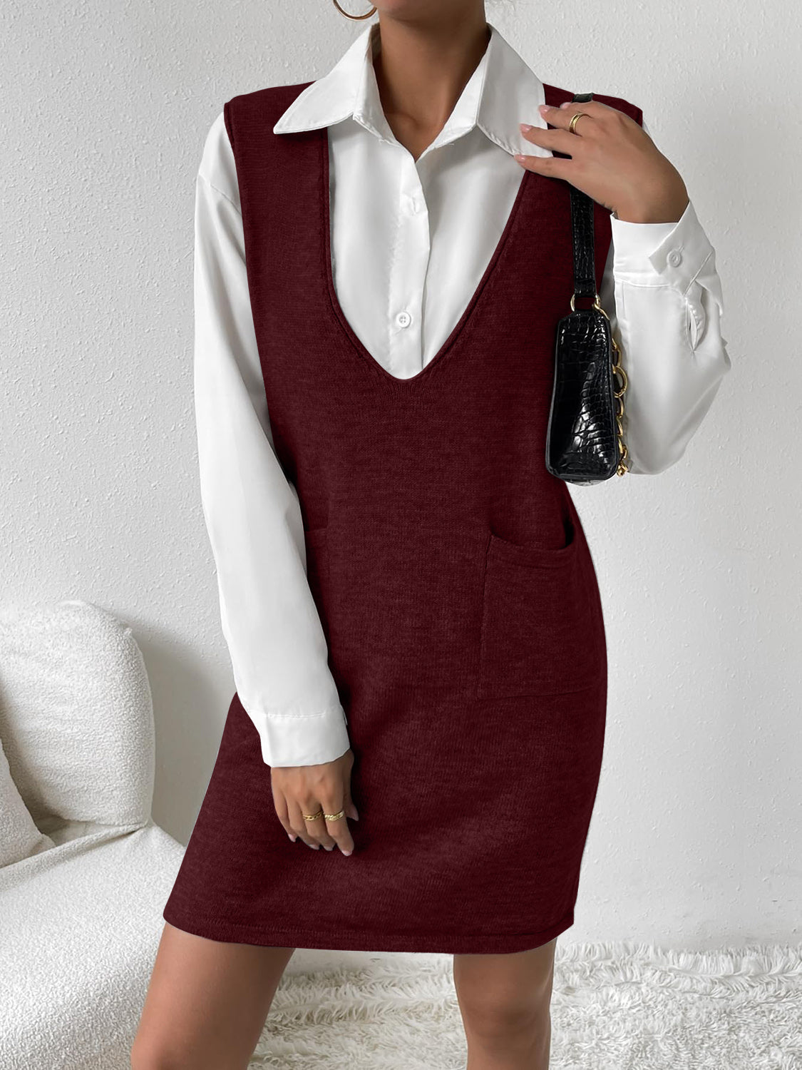 Outfit Flow - V-Neck Sleeveless Sweater Dress with Pockets