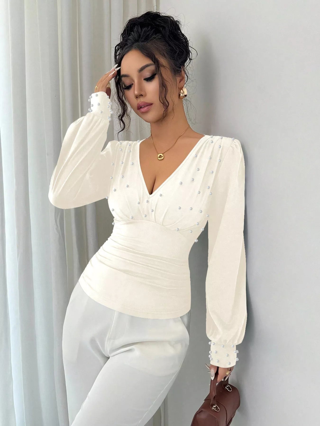 Pearl Embellished V-Neck Blouse OutfitFlow