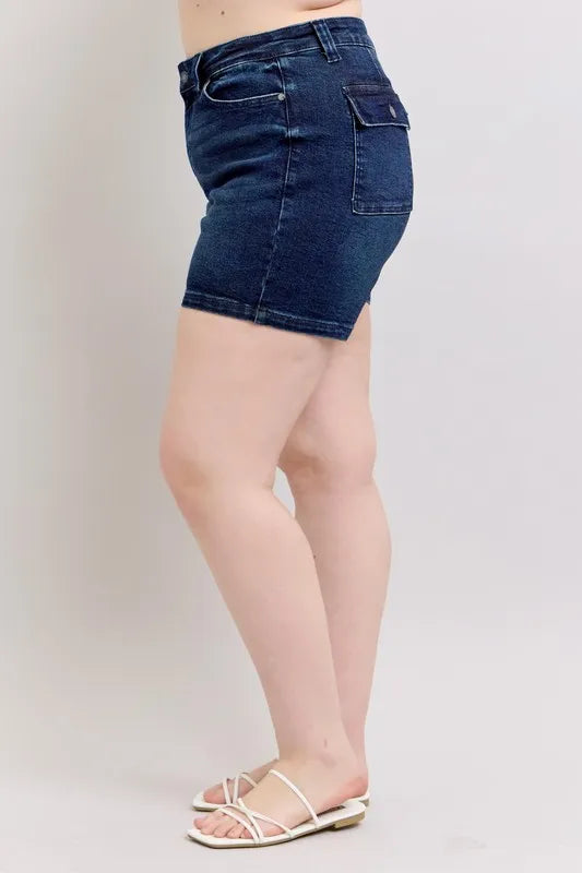 Judy Blue Full Size High Waist Back Flap Pocket Denim Shorts Plus Size OutfitFlow