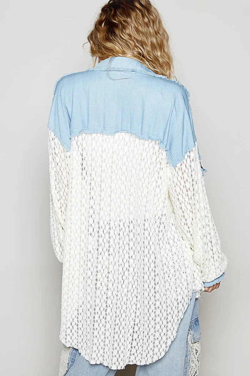 POL High-Low Denim Patchwork Lace Shirt OutfitFlow