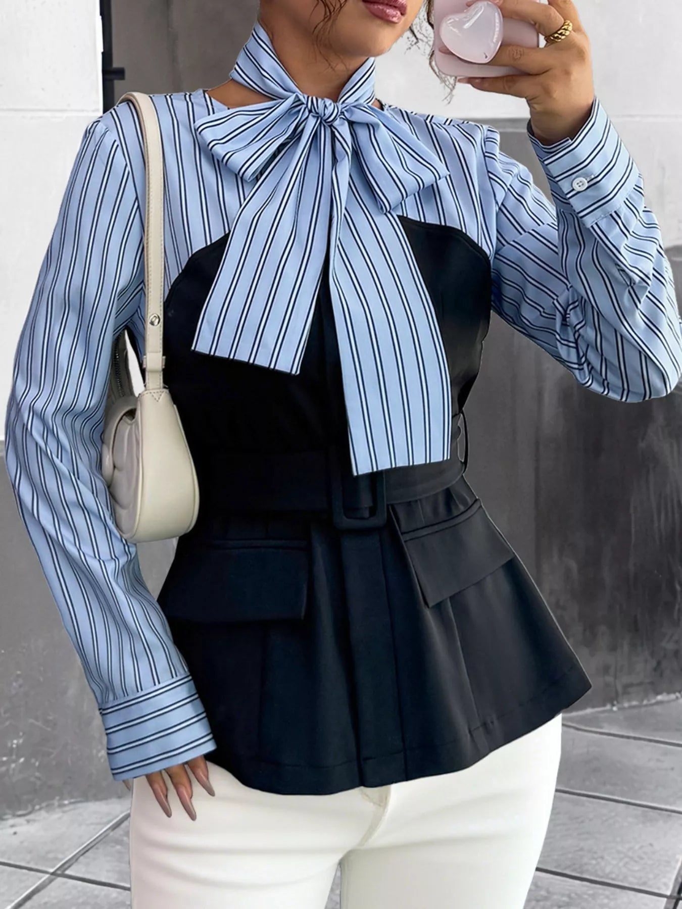 Striped Long Sleeve Blouse with Bow Tie OutfitFlow