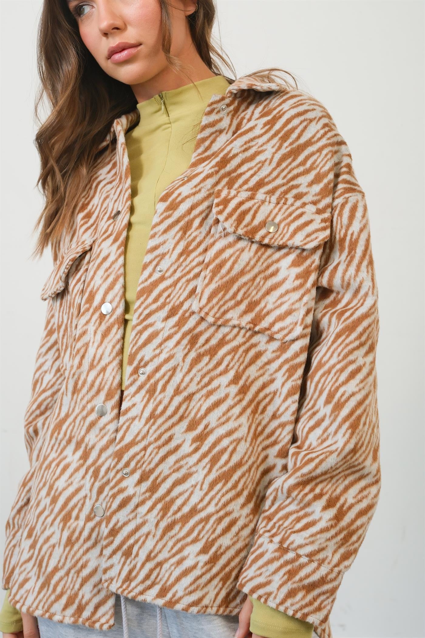 HYFVE Zebra Print Snap Down Long Sleeve Jacket