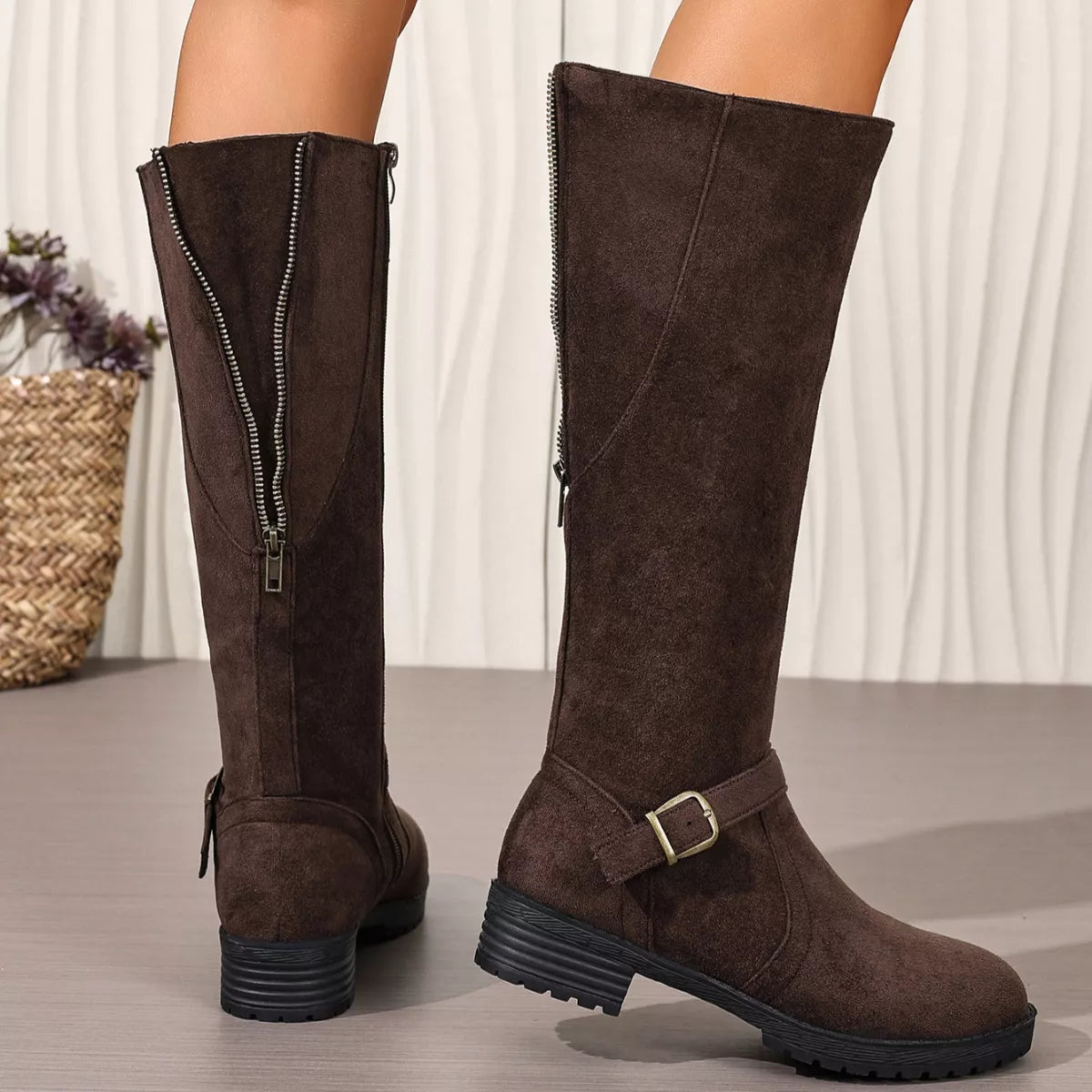 Round Toe Block Heels Boots Dark Brown Trendsi
