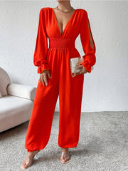 Outfit Flow - Honey Plunge Smocked Flounce Sleeve Jumpsuit