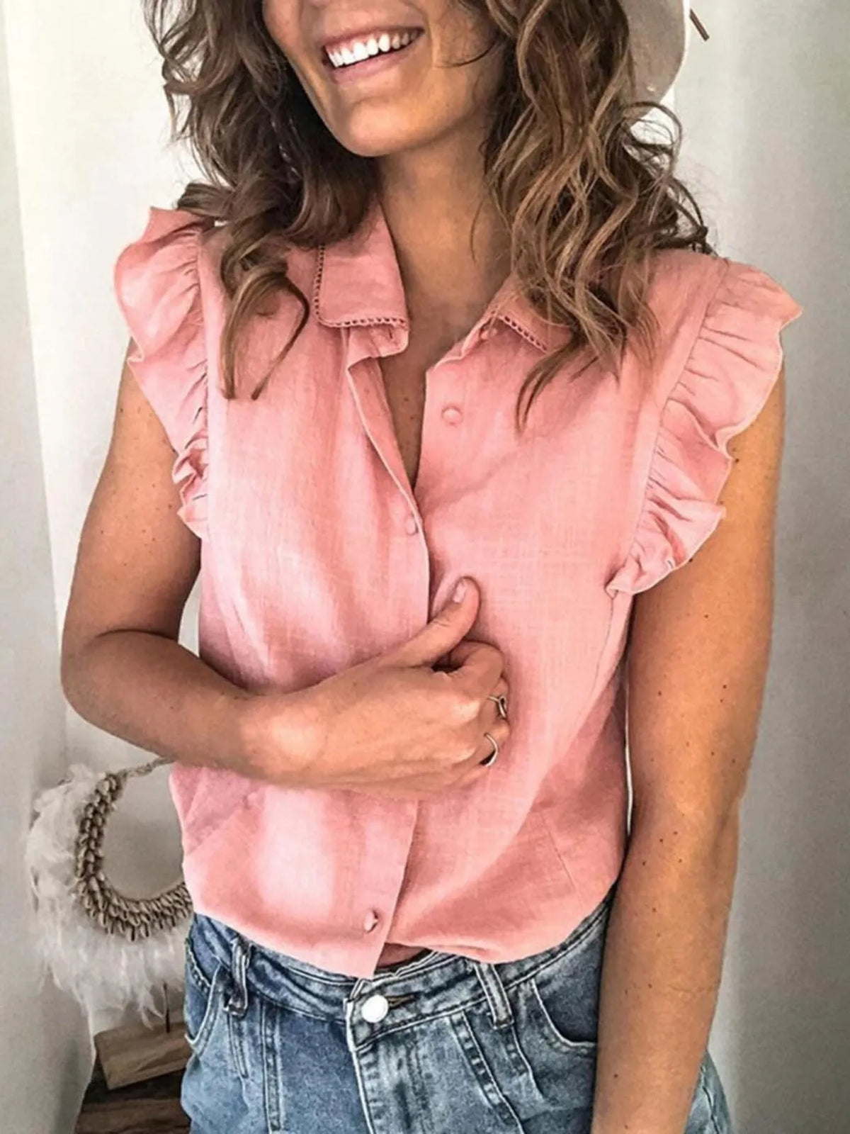 Ruffle Sleeve Button-Up Shirt Pink OutfitFlow