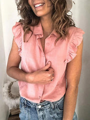 Ruffle Sleeve Button-Up Shirt Pink OutfitFlow