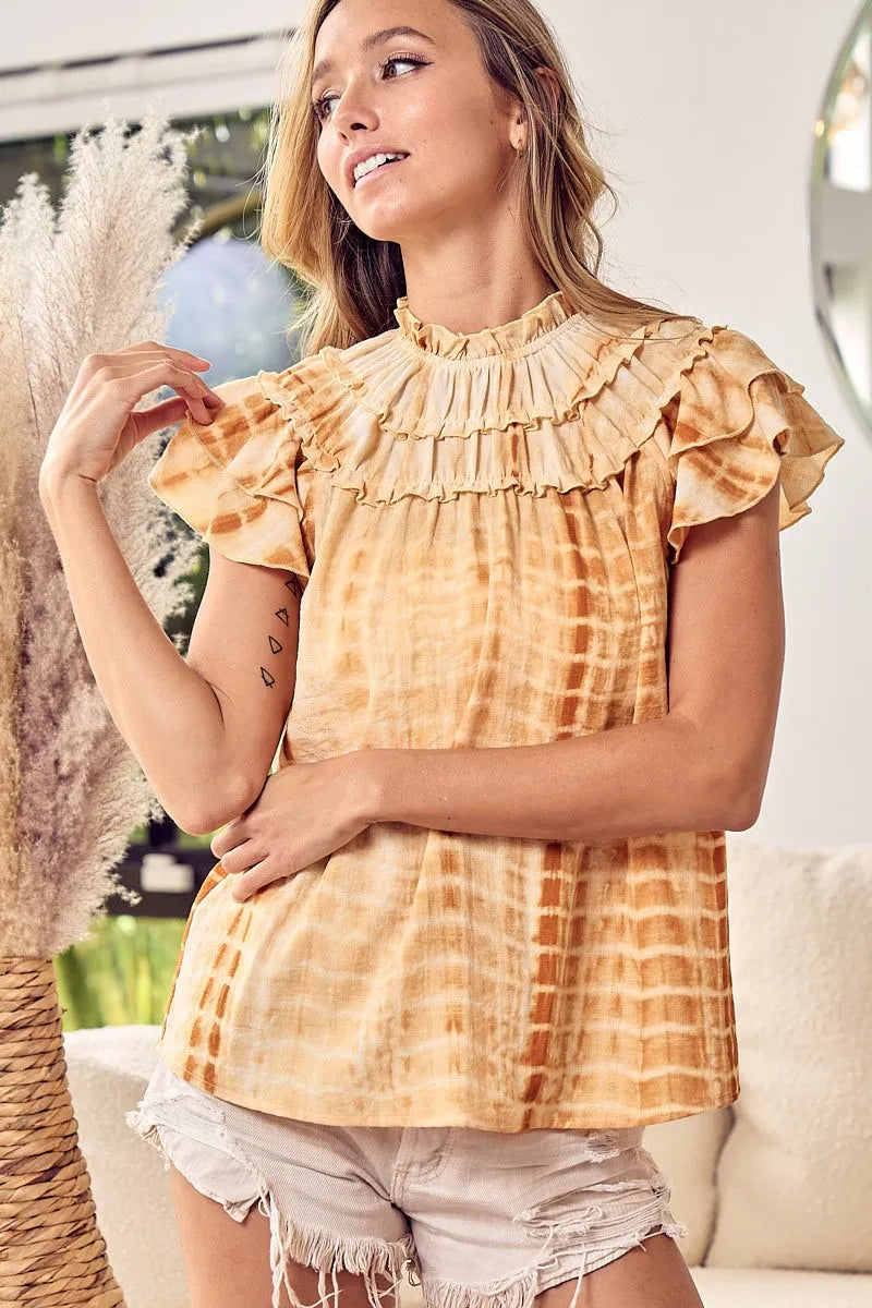 BiBi Tiered Ruffle Neck Tie Dye Top OutfitFlow