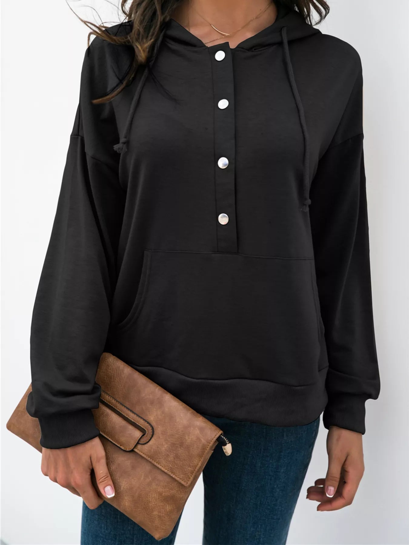 Full Size Snap-Down Hoodie with Kangaroo Pocket Plus Size Black OutfitFlow