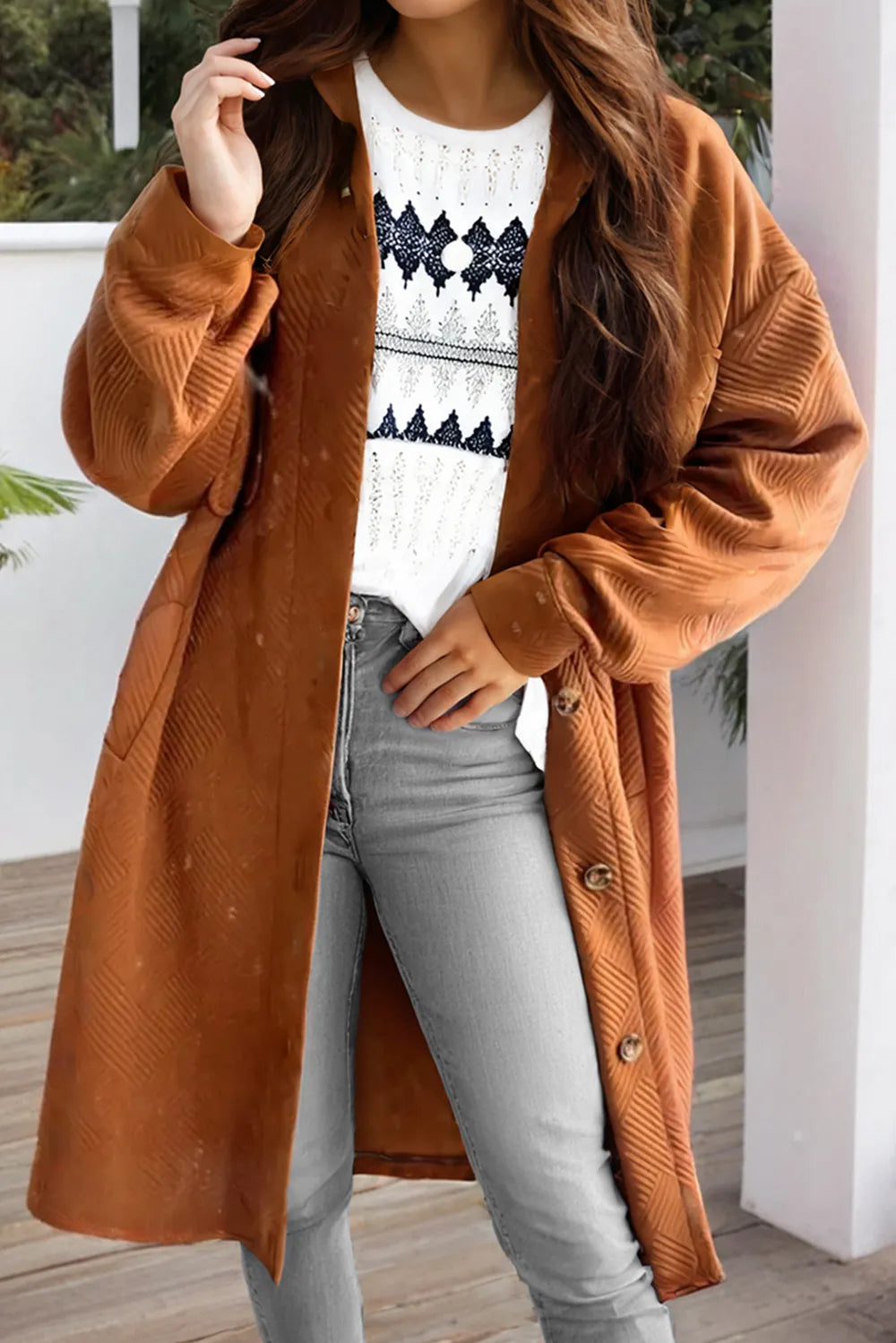 Textured Button Down Collared Neck Coat Caramel OutfitFlow