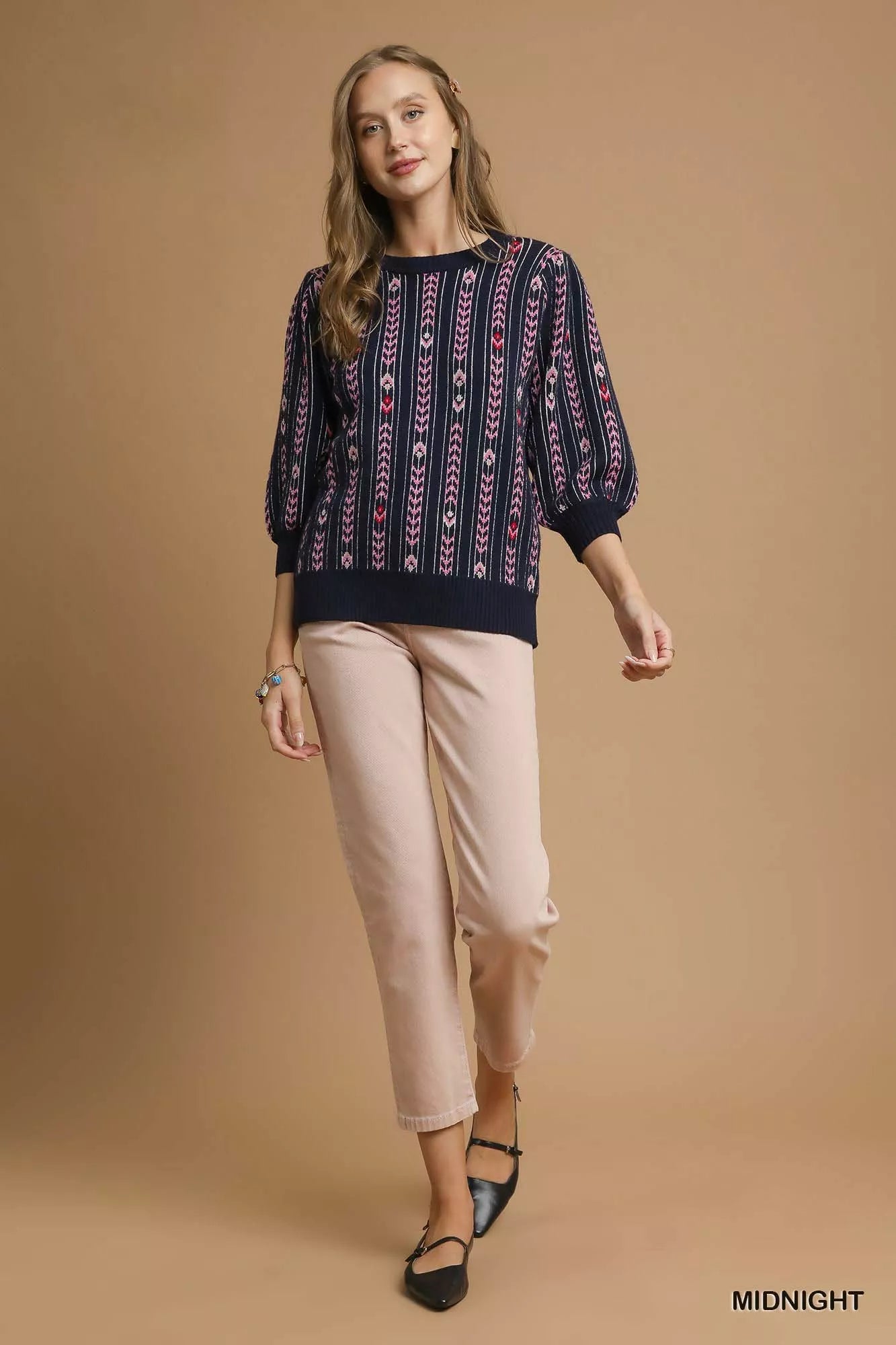 Umgee Jacquard Knit Puff Sleeve Sweater OutfitFlow