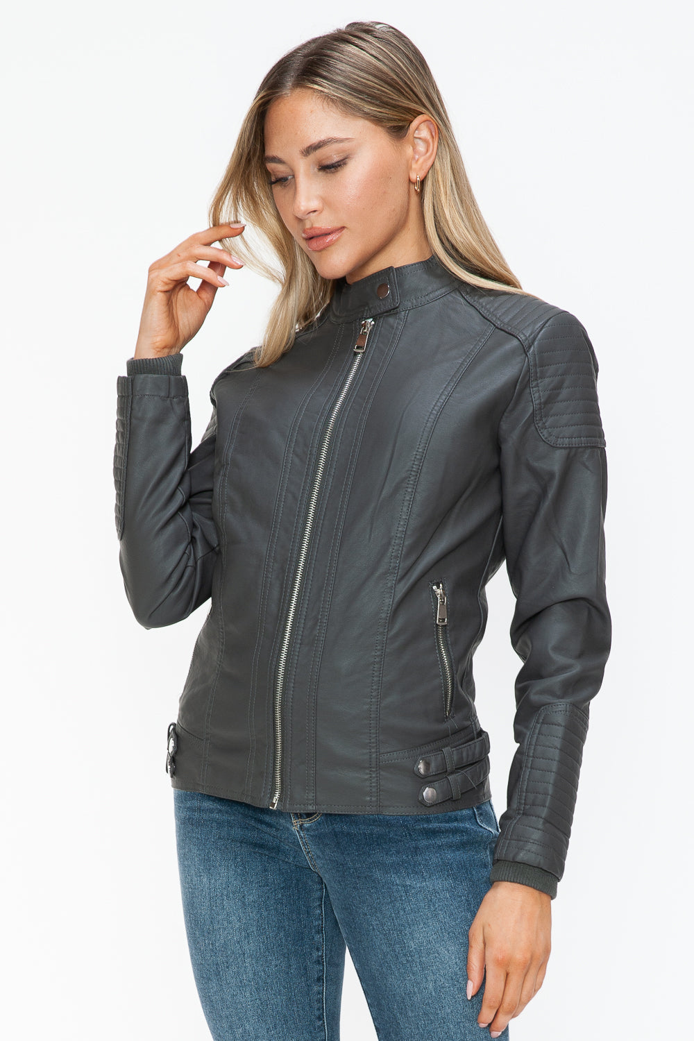 Outfit Flow - Snobbish Faux Leather Biker Jacket with Side Zip Pockets