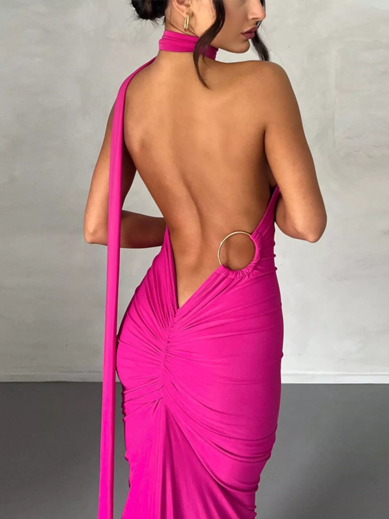 Backless One-Shoulder Ruched Bodycon Maxi Dress OutfitFlow
