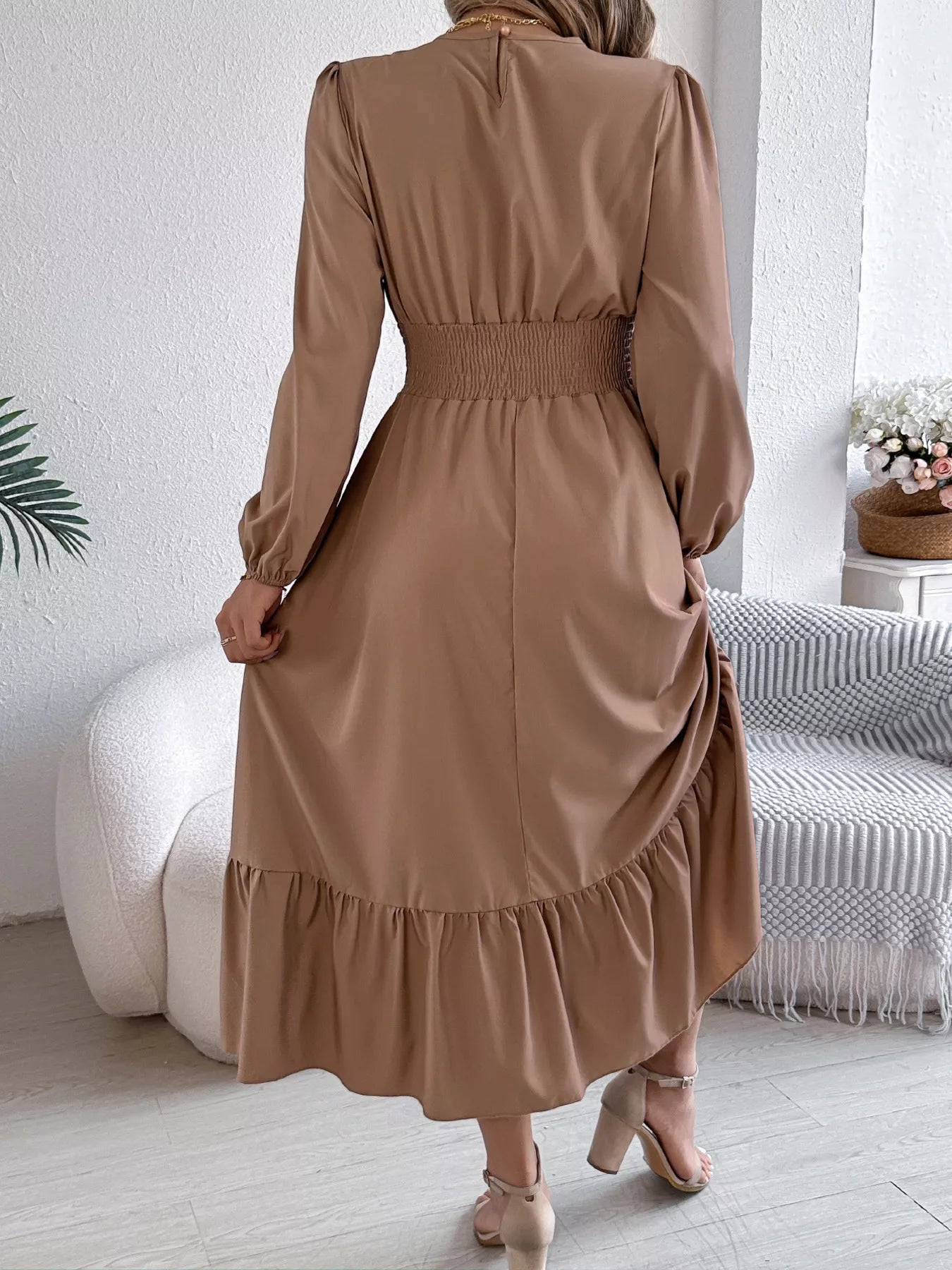 Round Neck Balloon Sleeve Tiered Dress OutfitFlow