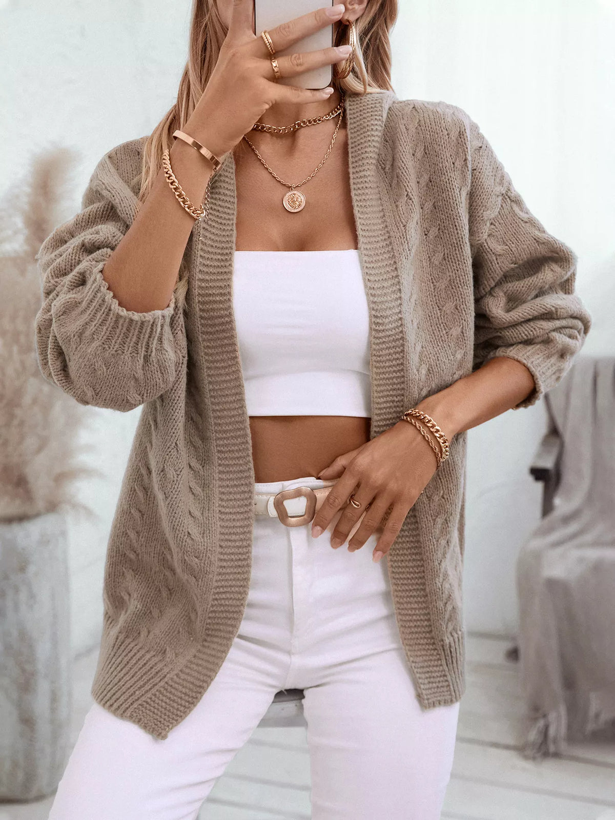 Cable Knit Open Front Hooded Cardigan Khaki Trendsi