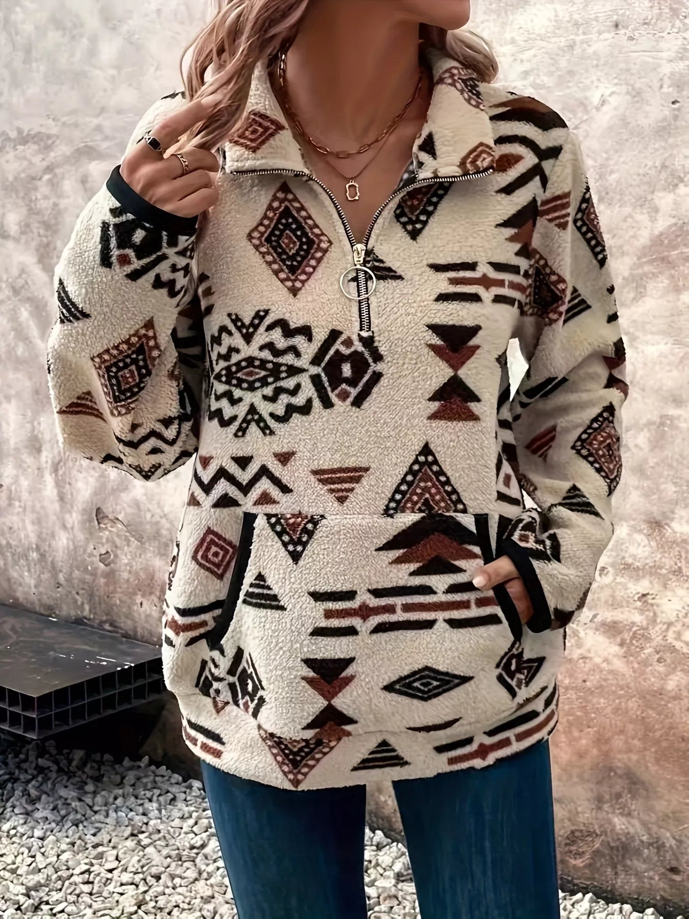 Geometric Half Zip Long Sleeve Sweatshirt OutfitFlow