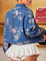 Floral Print Cropped Denim Jacket Trendsi