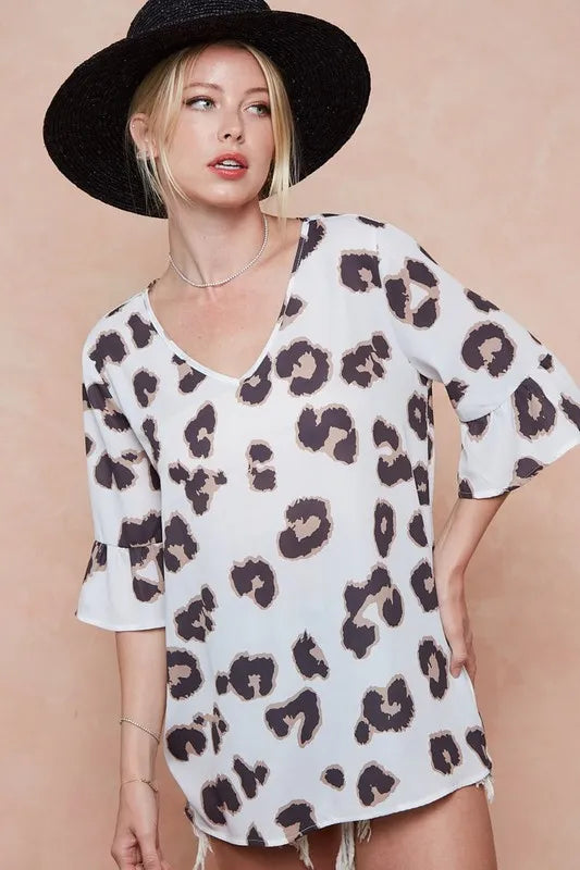 BiBi Leopard Printed V Neck Woven Top with Ruffled OutfitFlow