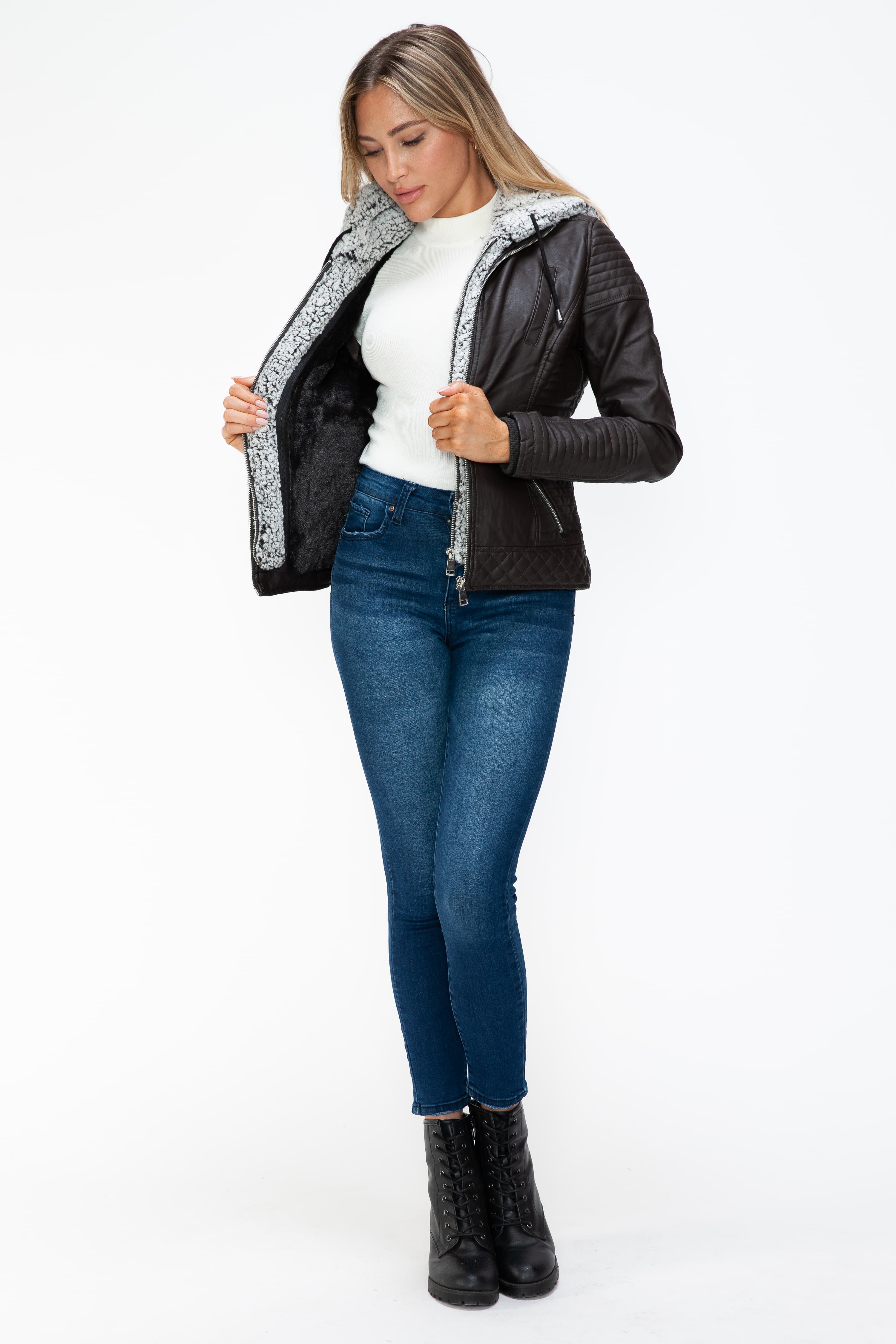 Outfit Flow - YMI Faux Layered Double-Zipper Jacket with Fuzzy Hood