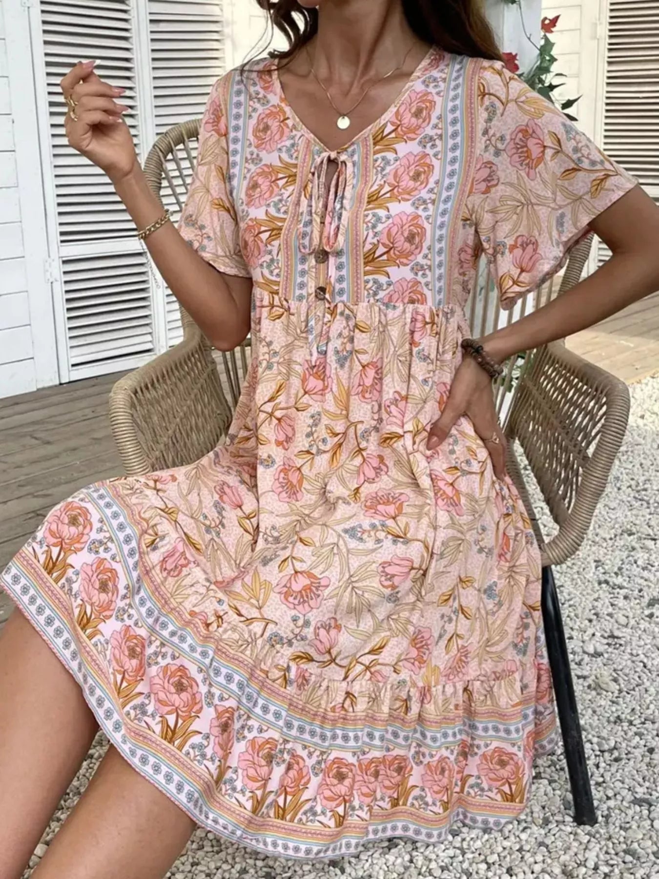 Printed Tie Neck Short Sleeve Mini Dress Pink OutfitFlow