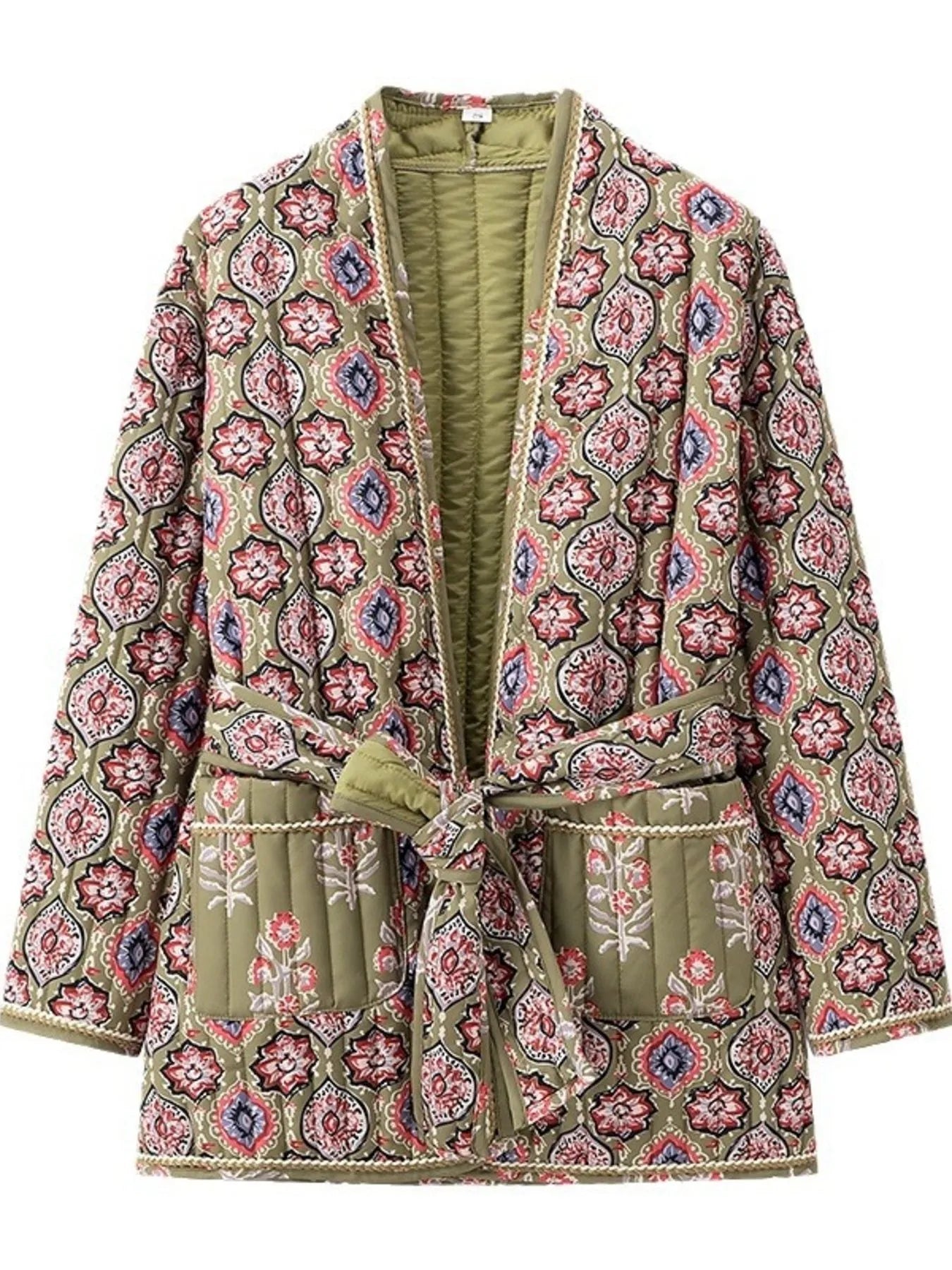 Belted Open Front Floral Winter Coat Trendsi