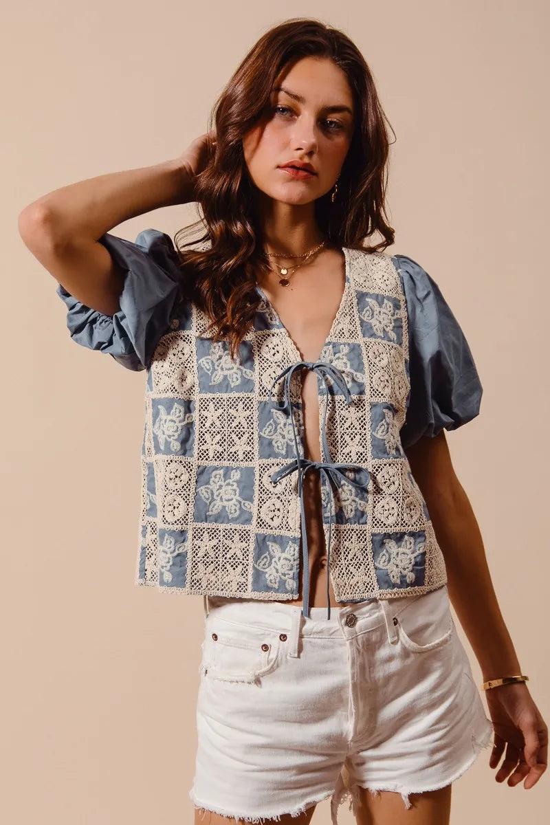 SO ME Crochet Lace Tie Front V Neck Blouse Top OutfitFlow