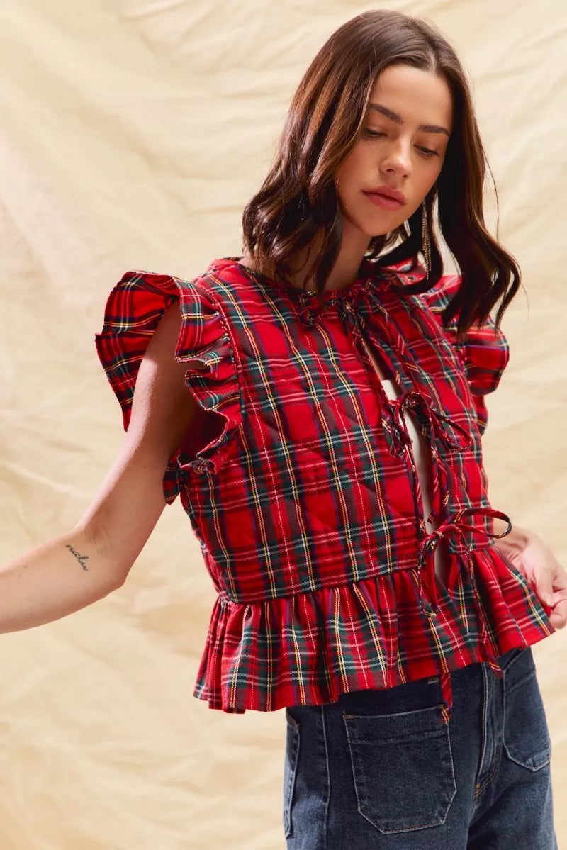 SO ME Christmas Holiday Plaid Ruffled Quilt Vest Top Trendsi