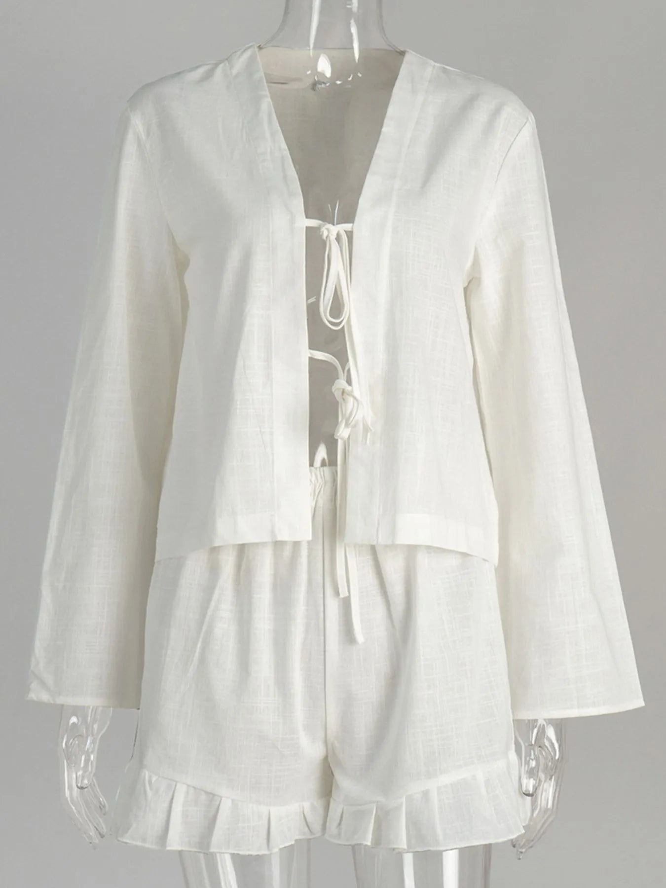 Tie Front Long Sleeve Top and Shorts Set OutfitFlow