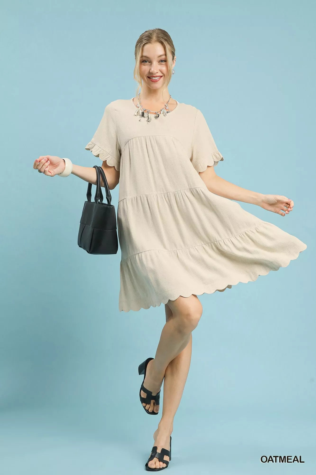 Umgee Linen Tiered Babydoll Dress with Ruffle Sleeves OutfitFlow