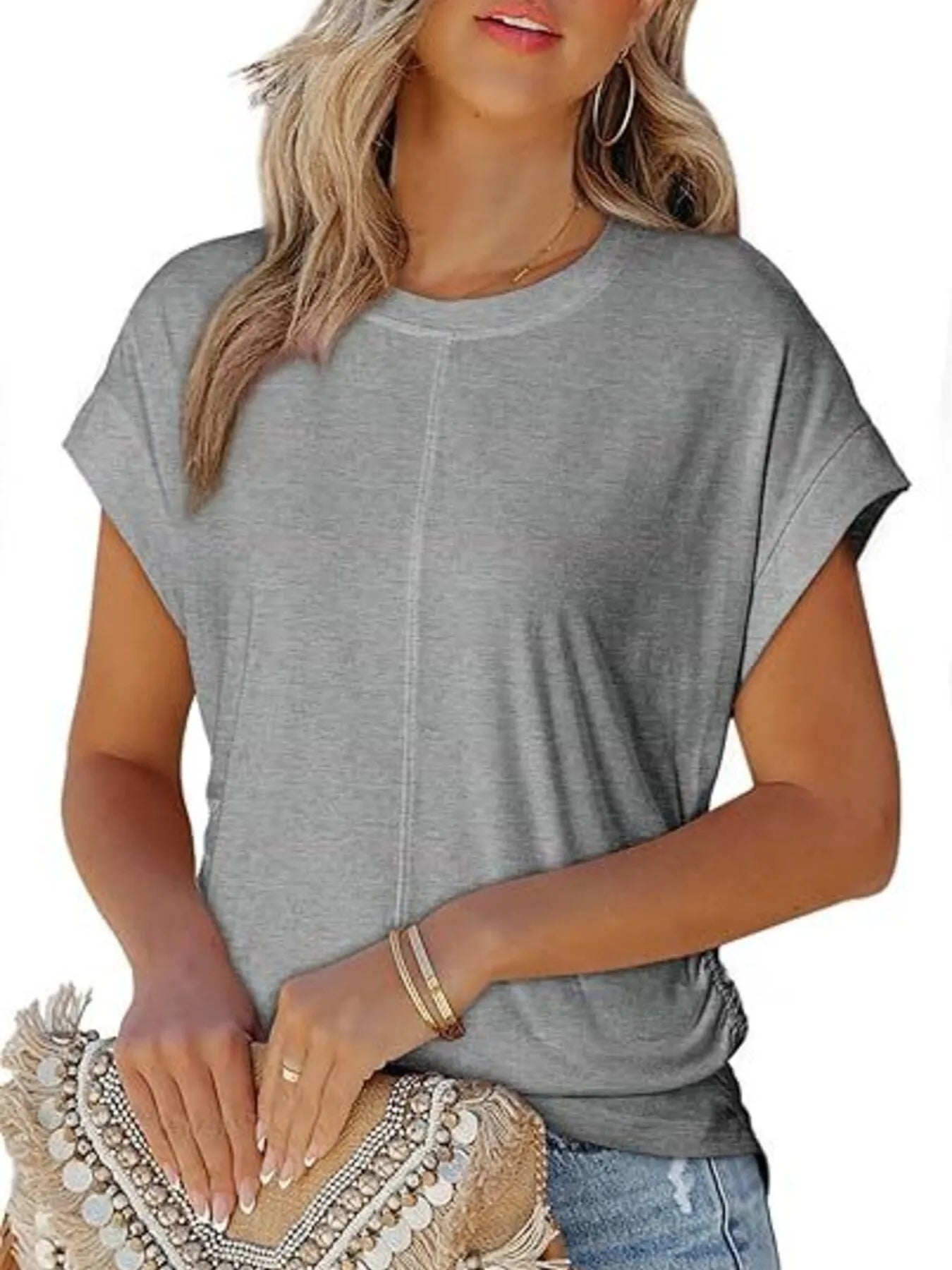 Round Neck Short Sleeve T-Shirt Gray OutfitFlow