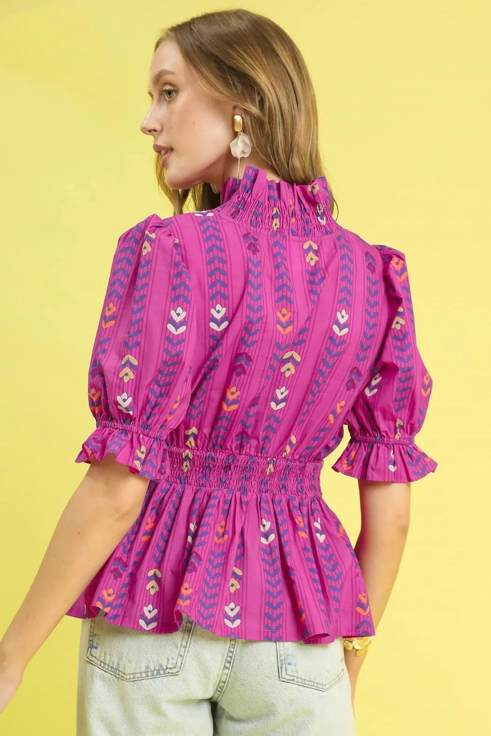 Umgee Printed Half Sleeve Peplum Blouse OutfitFlow