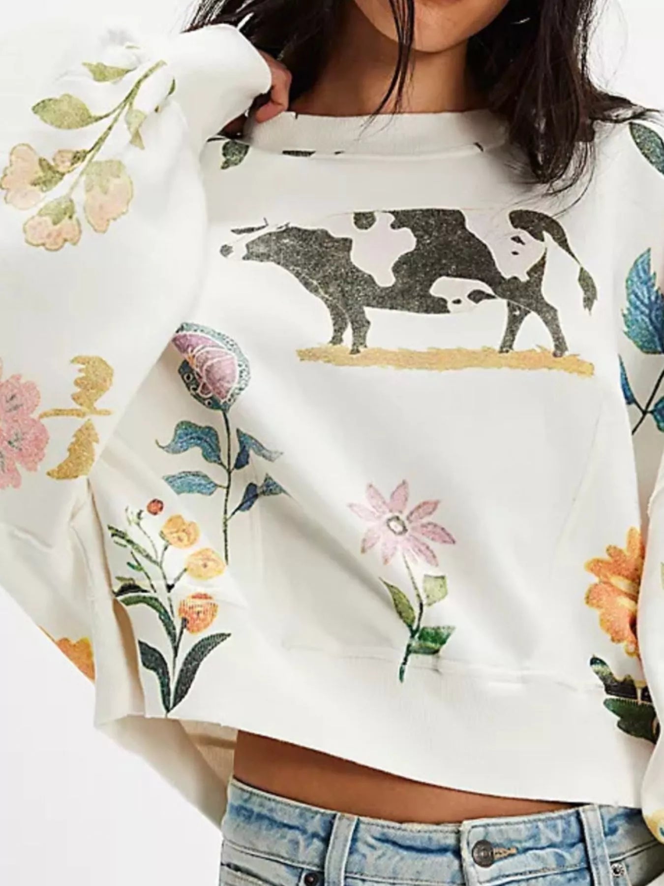 Printed Round Neck Dropped Shoulder Sweatshirt OutfitFlow