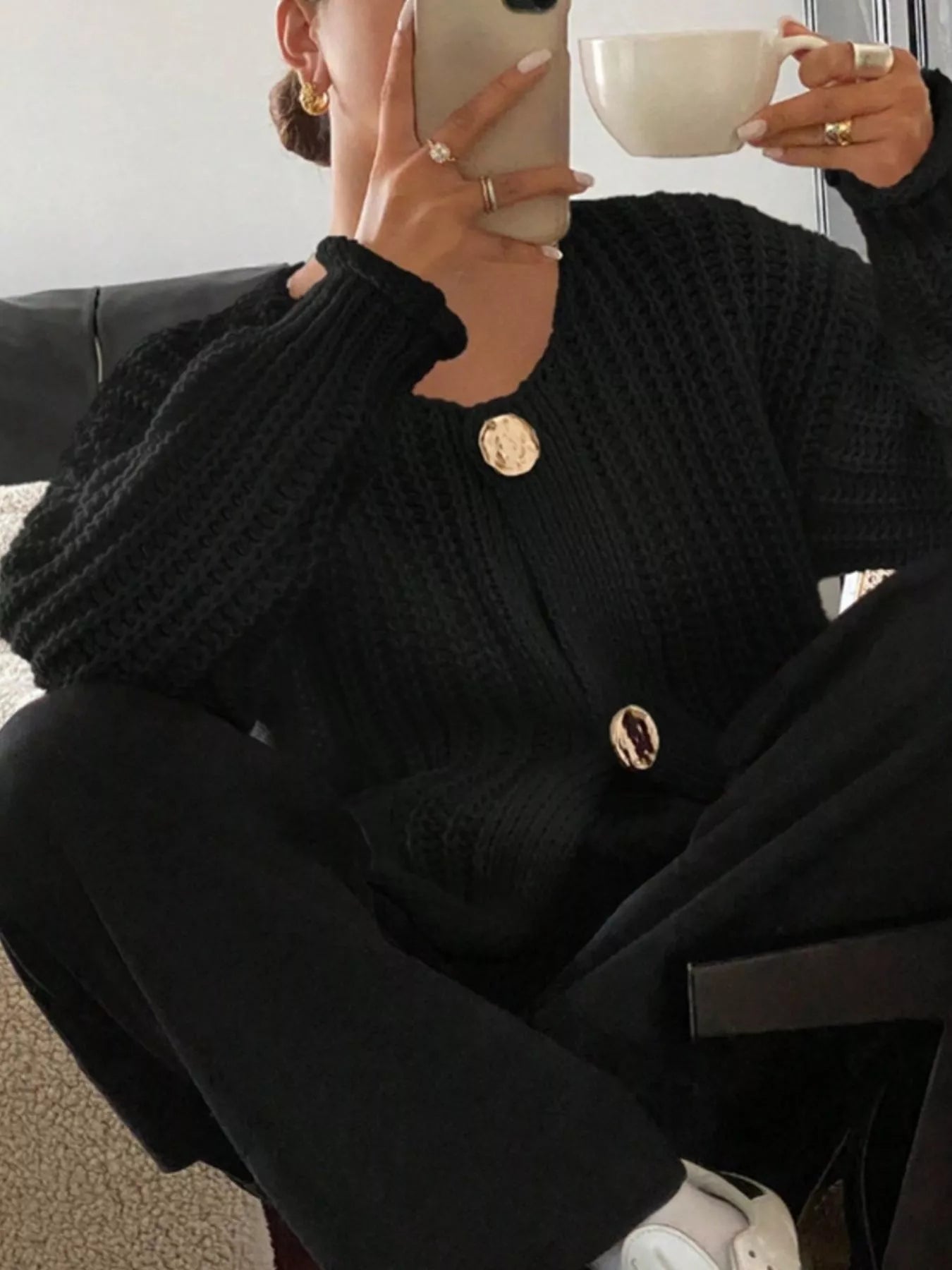 Button Up Dropped Shoulder Cardigan OutfitFlow