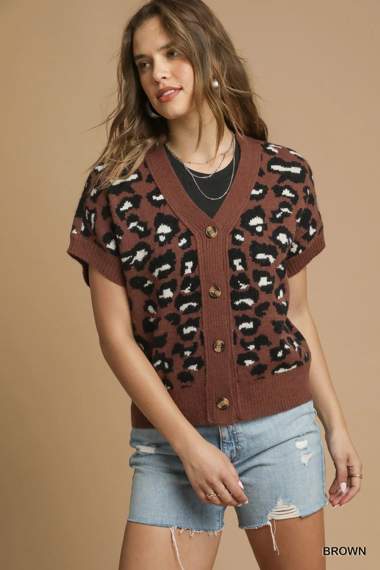 Umgee Leopard Button Down Short Sleeve Cardigan Brown Trendsi