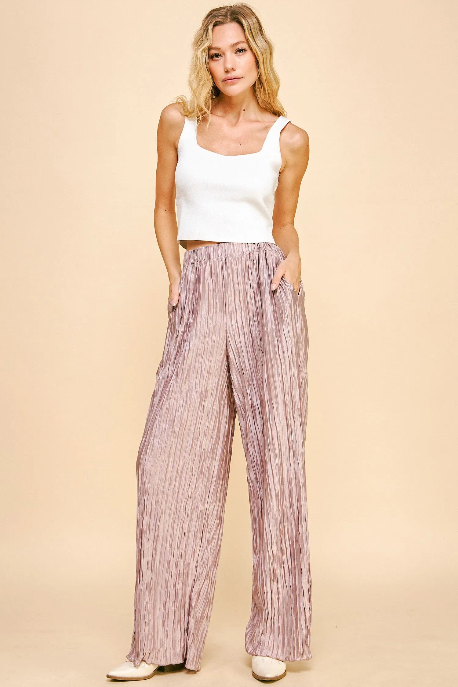 Davi & Dani Geo-pleated Elastic Waistband Pants OutfitFlow