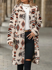 Geometric Pocketed Dropped Shoulder Coat Tan Trendsi