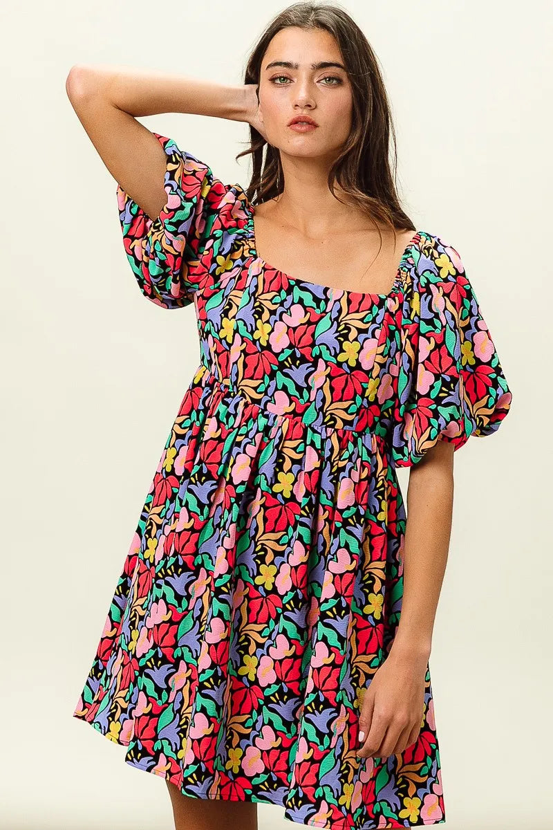 BiBi Floral Print Puff Square Neck Dress OutfitFlow