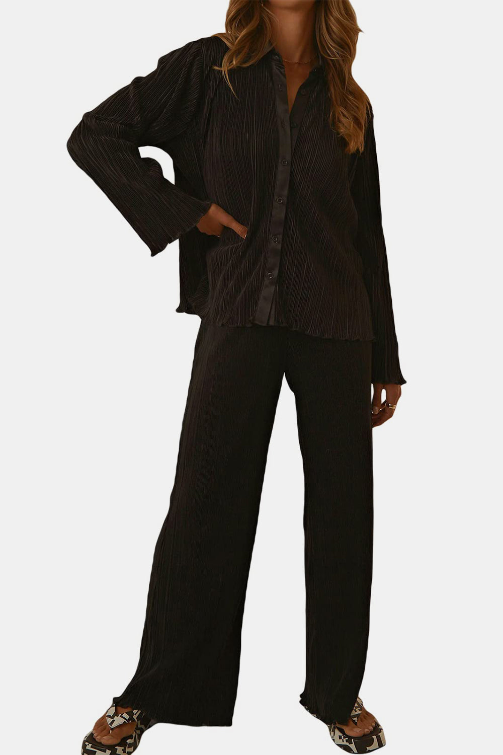 Outfit Flow - Textured Button Up Collared Neck Top and Pants Set