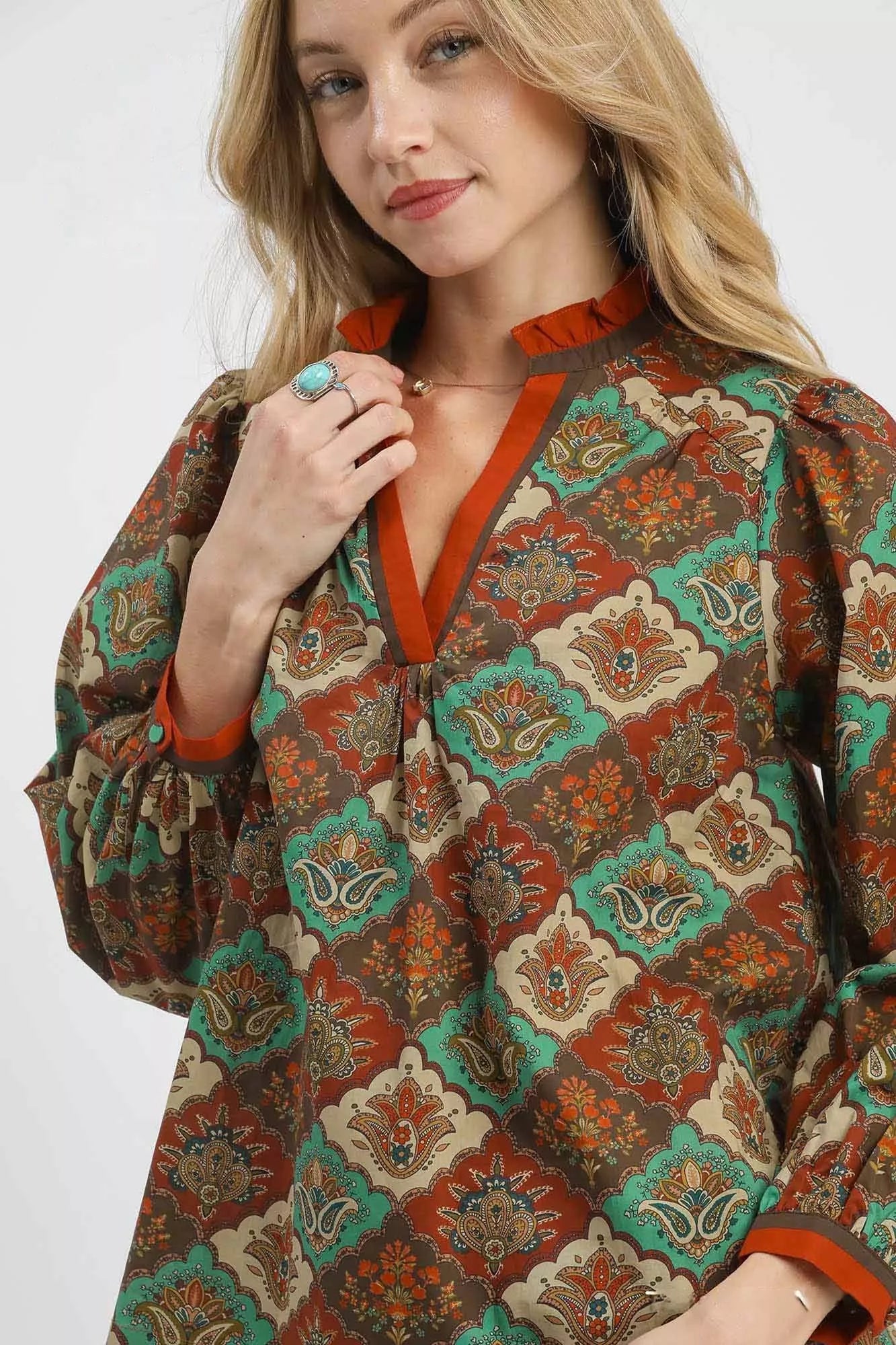 Umgee Abstract Print Ruffle Neck Top OutfitFlow