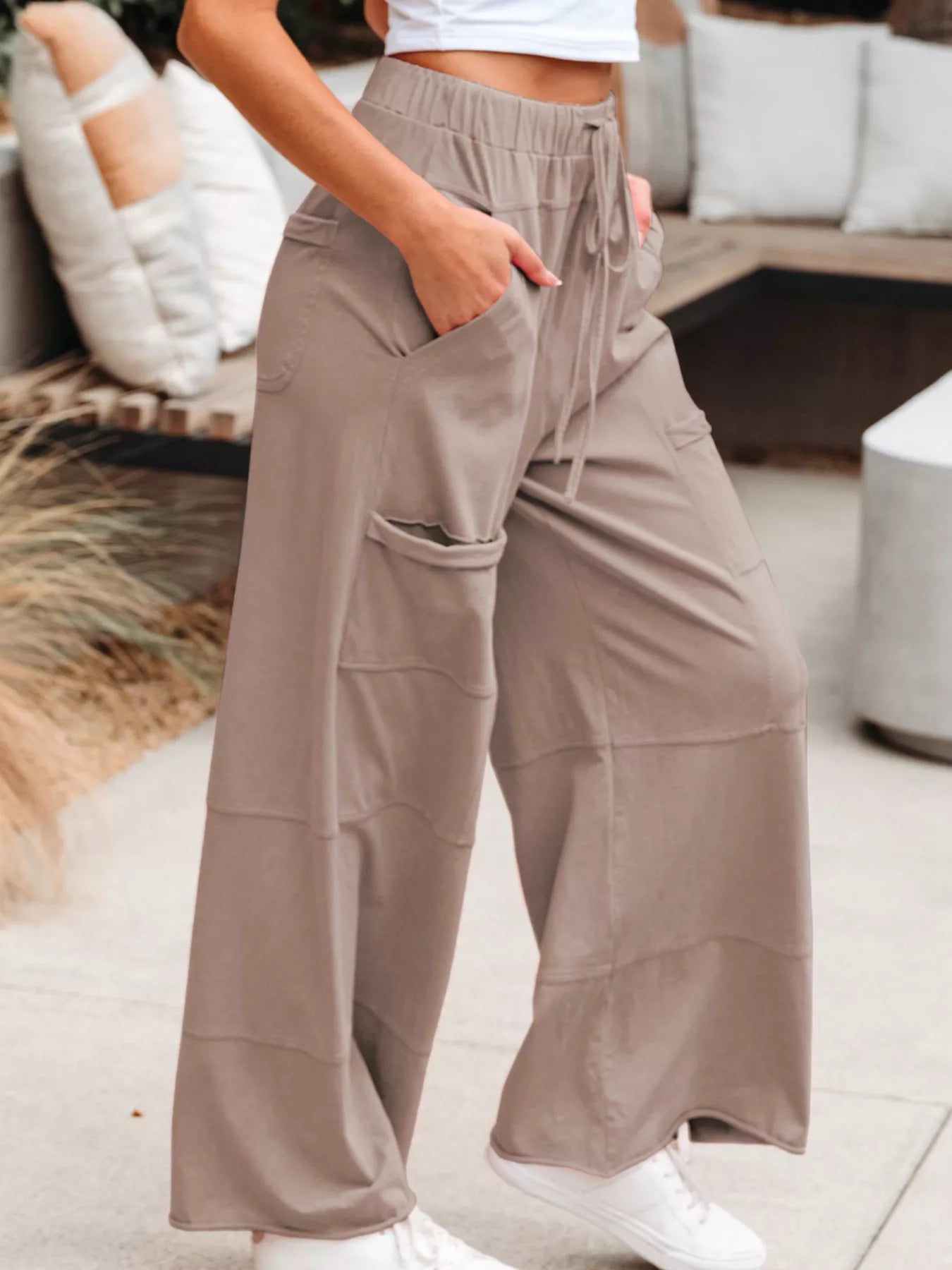 Mineral Wash Exposed Seam Drawstring Elastic Waistband Wide Leg Cargo Pants OutfitFlow