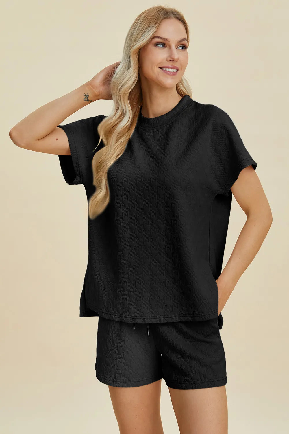 Double Take Full Size Texture Round Neck Short Sleeve Top and Shorts Set OutfitFlow