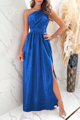 One Shoulder Slit Ruched Maxi Dress Royal Blue OutfitFlow