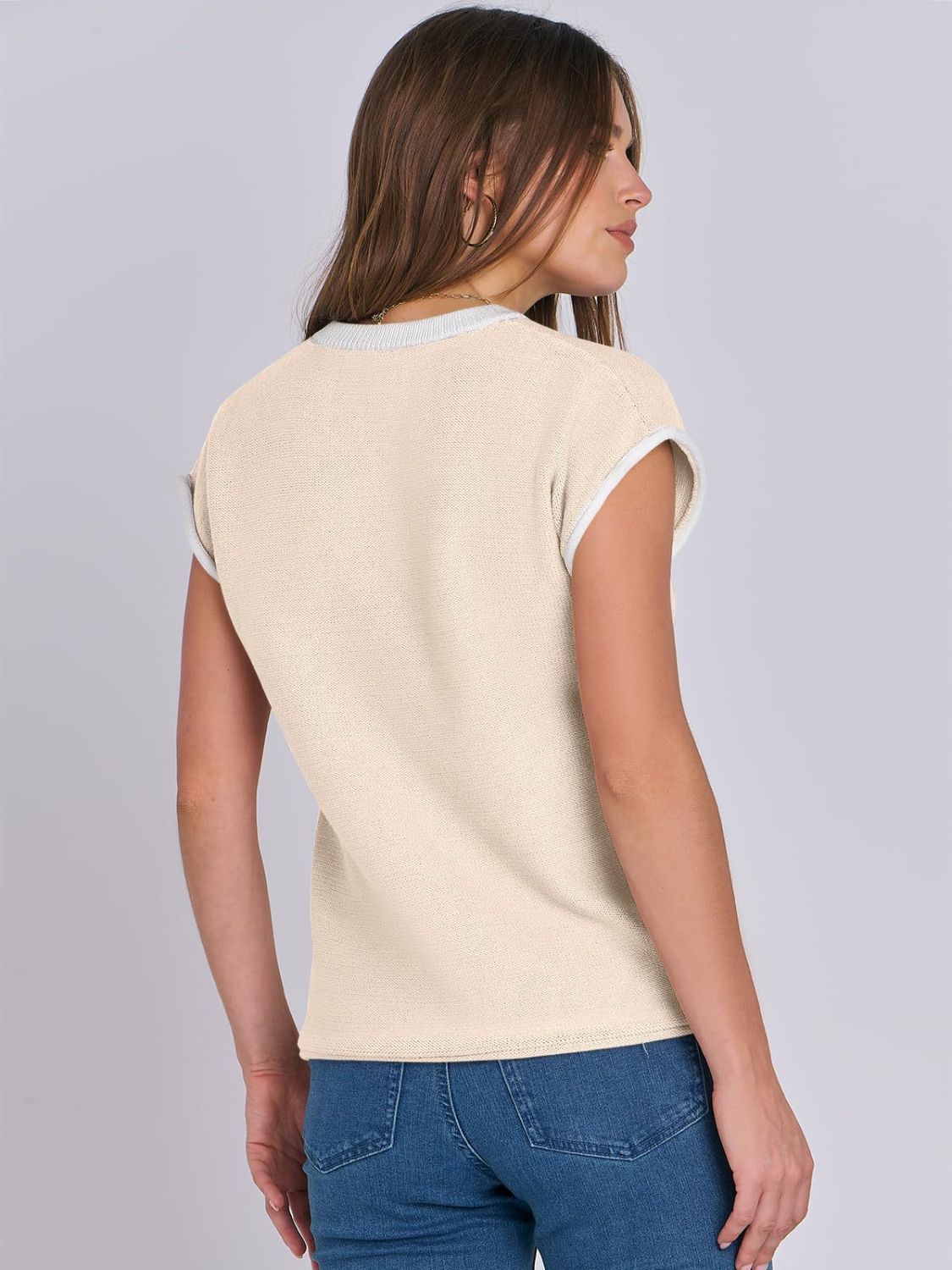 Outfit Flow - Mandy Contrast Round Neck Cap Sleeve Sweater