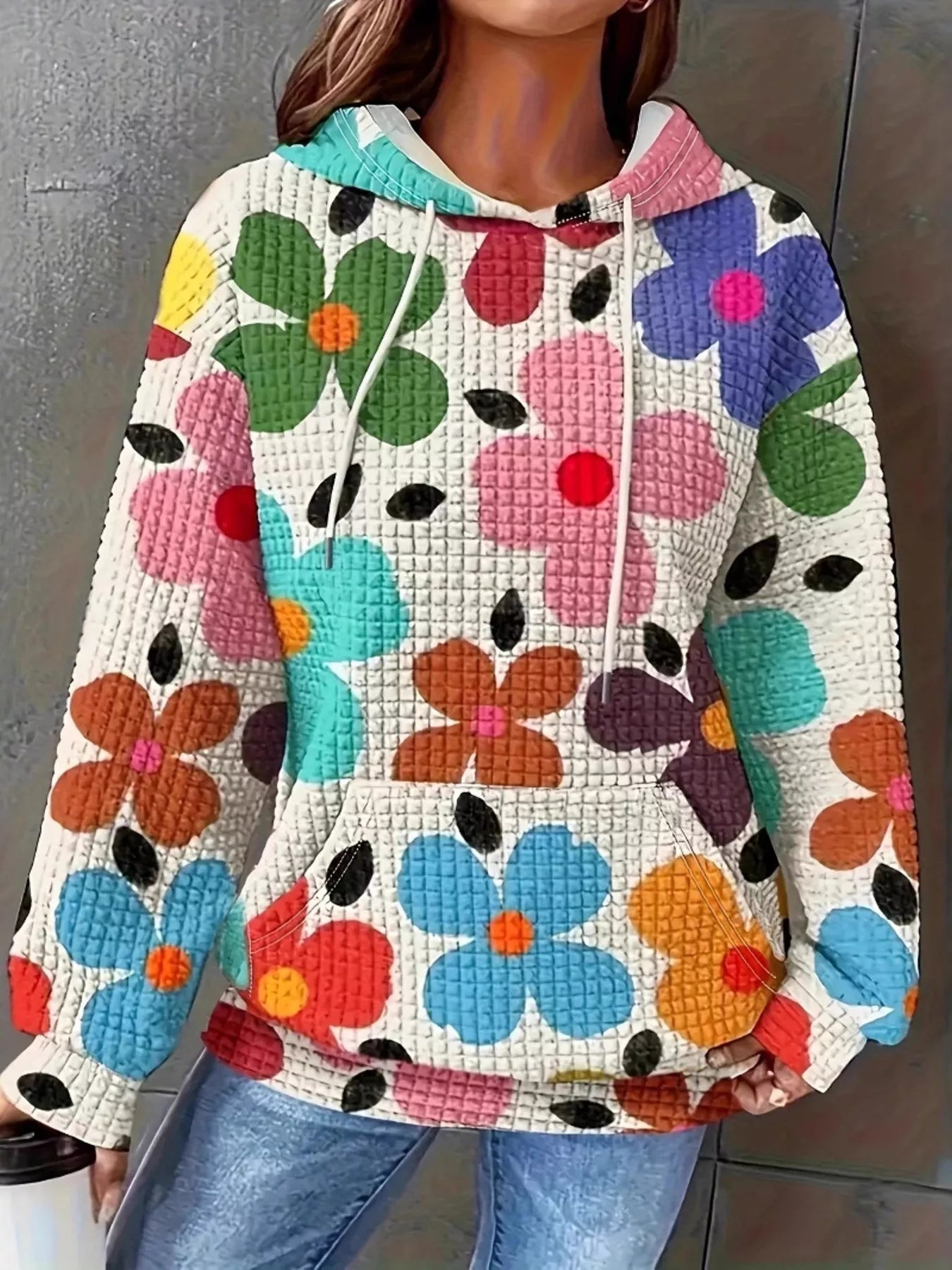 Floral Print Textured Drawstring Hoodie White OutfitFlow