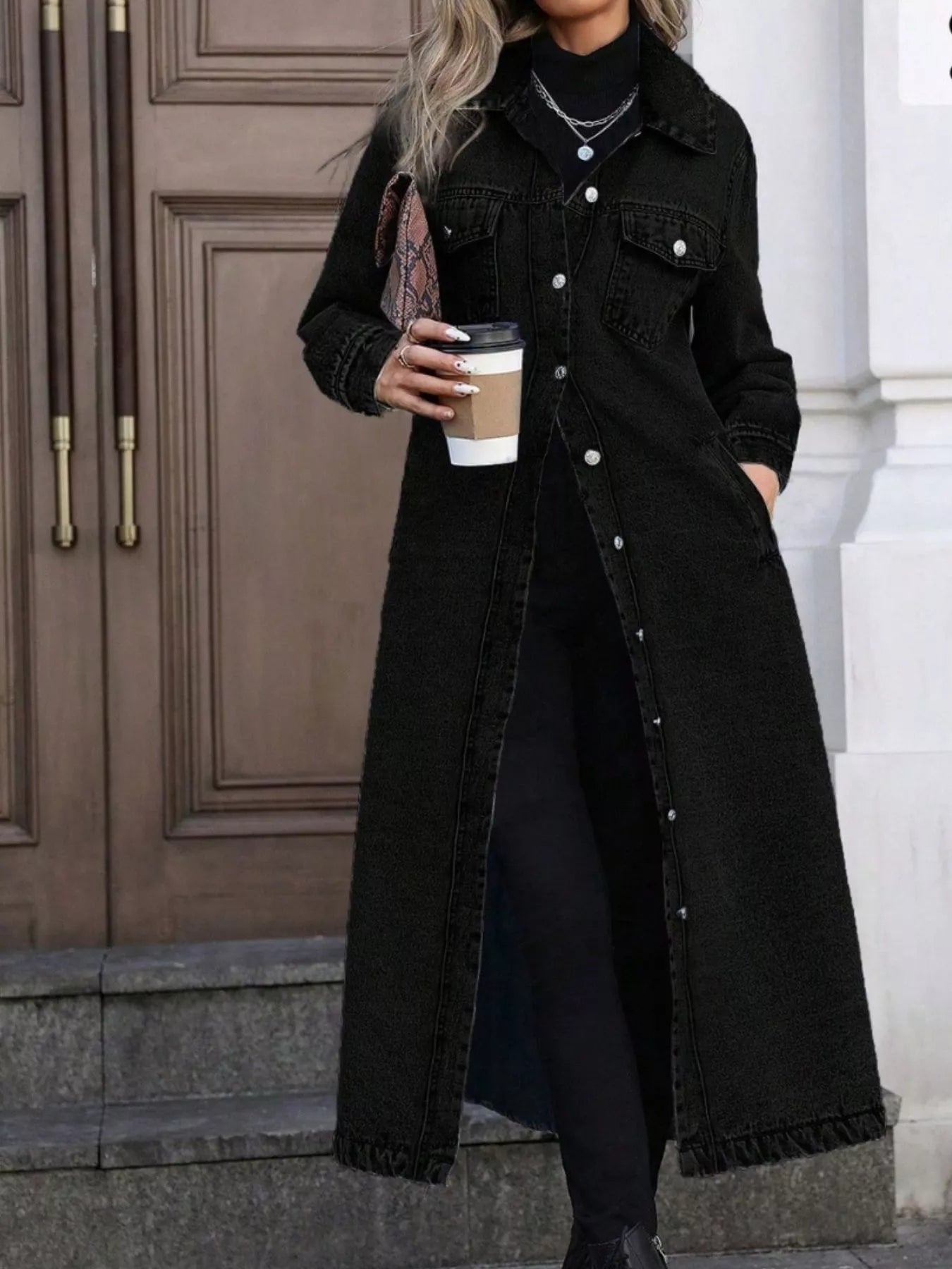 Longline Button-Front Denim Jacket OutfitFlow