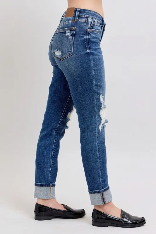 Judy Blue Full Size Midi Rise Boyfriend destroy Jeans with Yoke Pockets and Faux Selvedge Cuff Plus Size OutfitFlow