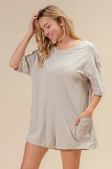 BiBi Short Sleeve Back Open Washed Romper OutfitFlow