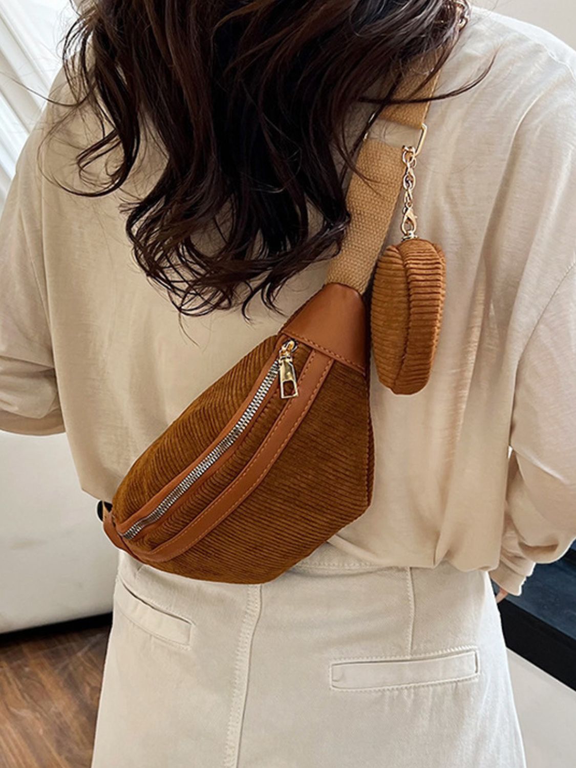 Outfit Flow - Corduroy Adjustable Strap Crossbody Bag with Pouch