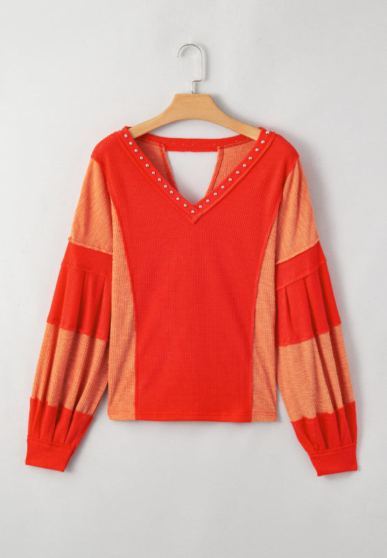 Outfit Flow - Studded Waffle-Knit V-Neck Long Sleeve Top