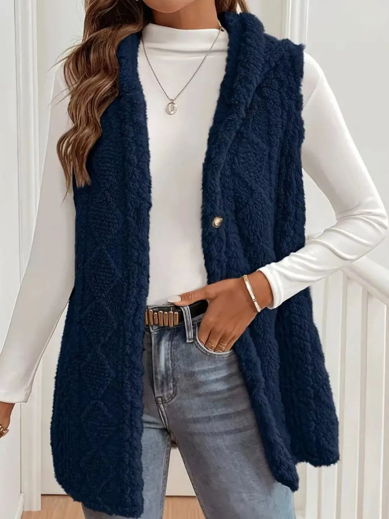 Button Up Plush Hooded Vest Coat OutfitFlow